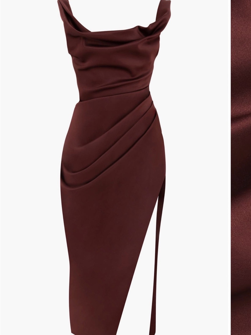 House of CB Satin Rhoda off the shoulder Midi Dress - Burgundy Brown